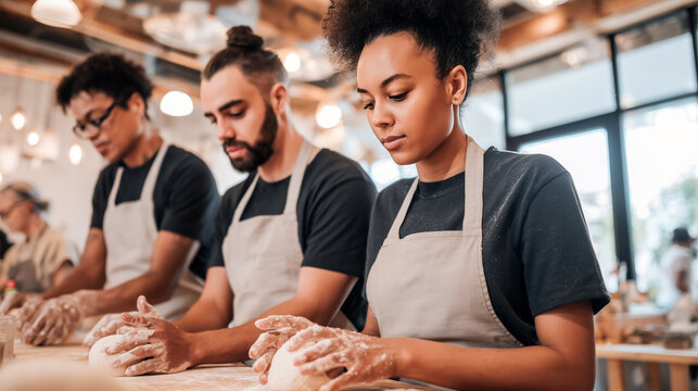 Group kneading dough during baking class, wearing aprons inside professional kitchen. Culinary workshop showing bread making technique, teamwork, food preparation skills, educational masterclass.