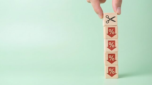 Cutting discount percentages, hand with scissors on wooden blocks