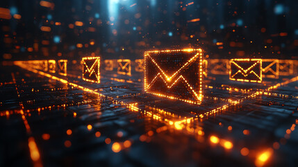 Futuristic digital landscape with glowing email icons, representing communication and technology innovation in a data-driven world.