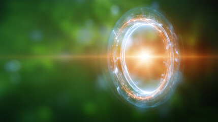Futuristic glowing portal with energy burst, surrounded by a vibrant green backdrop, highlighting innovation and imagination.
