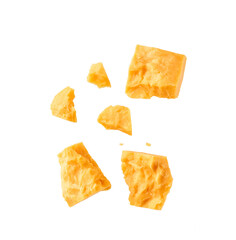 cheddar cheese cubes isolated on a white background, top view.