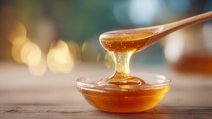 Golden honey drizzles from a wooden spoon into a glass dish, creating a delicious and inviting presentation.