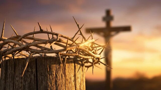 Crown of thorns on wooden post with blurred crucifix silhouette background at sunset during Good Friday and Easter religious concept