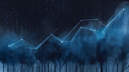 Rising data graph illuminates a tranquil night sky blending nature and future growth concepts