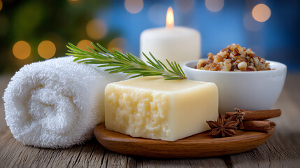 Relaxing spa arrangement featuring natural soap, candles, and fresh herbs, perfect for promoting wellness and tranquility.