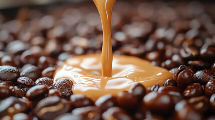 Rich, creamy coffee being poured over dark roasted beans, creating a delicious blend of flavors and aromas.