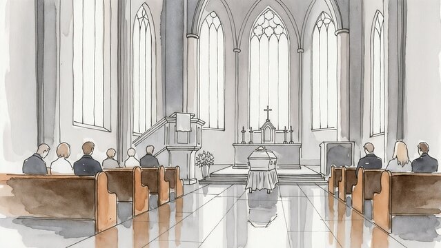 Funeral ceremony with mourners seated by coffin inside church interior