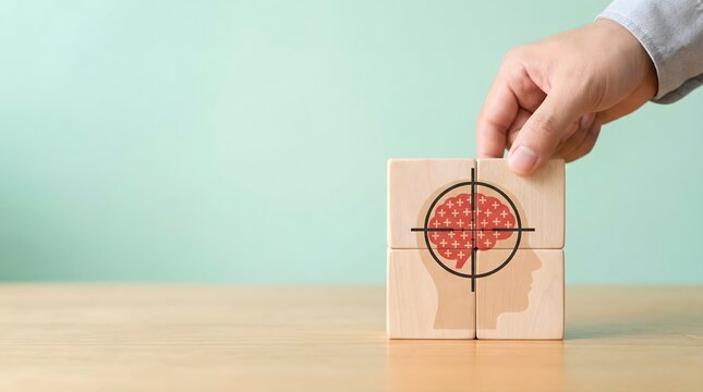 hand placing wooden block with target and red bullseye