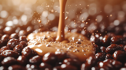 Rich chocolate sauce is poured over glossy coffee beans, creating a deliciously tempting sight perfect for culinary indulgence.