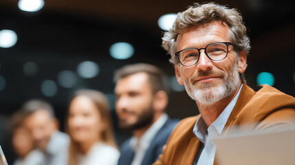 Smiling businessman in a meeting, showcasing confidence and leadership among colleagues in a professional setting.