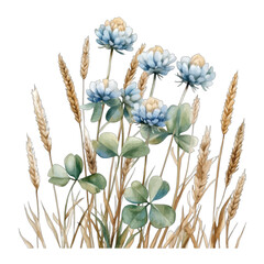 Obraz premium Watercolor Wildflower Bouquet with Blue Clover and Wheat Grass Illustration 