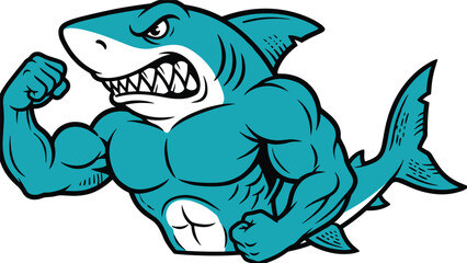 Muscular shark mascot vector illustration, aggressive gym shark character with flexed arms and sharp teeth, bold sports logo artwork for teams