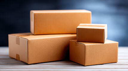 Stacked cardboard boxes on a wooden surface, showcasing perfect organization and storage solutions for shipping or moving.