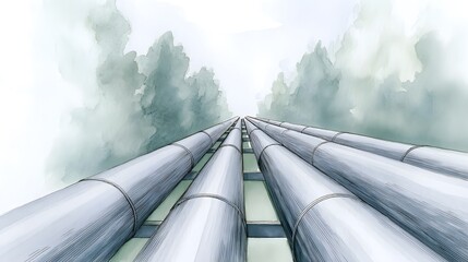 Serene industrial landscape watercolor pipes extend toward a misty horizon reflecting calm innovation