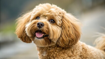 Close-up portrait of a light brown curly-haired dog panting outdoors