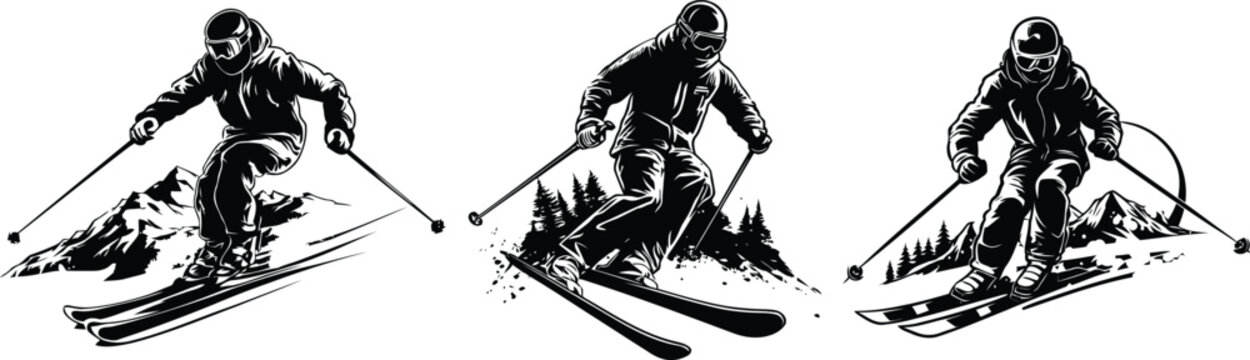 Black and white skier action silhouette vector set, Extreme winter sports alpine skiing athletes in mountain forest scenes, Monochrome outdoor adventure illustrations isolated on white background