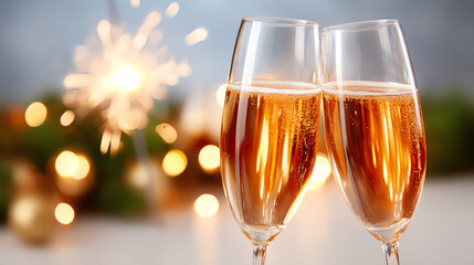 Two elegant champagne glasses clinking together, celebrating joy, festivities, and special moments with a sparkling backdrop.