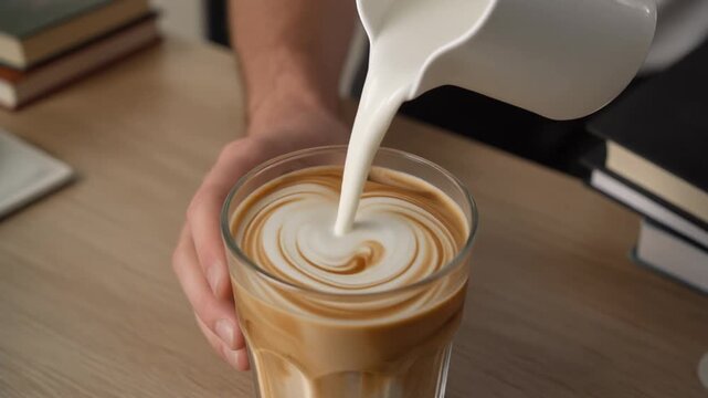 Pouring Cream into Coffee for a Delicious Latte Art Design