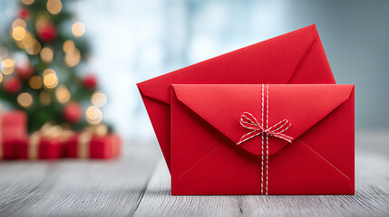 Two vibrant red envelopes with a bow, set against a festive background, perfect for holiday greetings and celebrations.