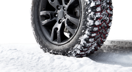 winter tire with black rim on snow, isolated against a white background