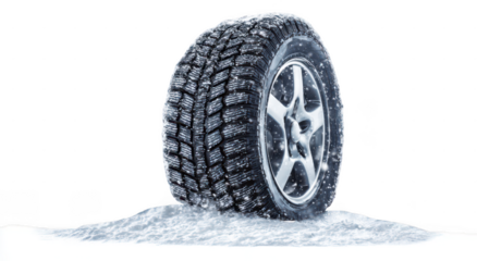 winter tire with black rim on snow, isolated against a white background