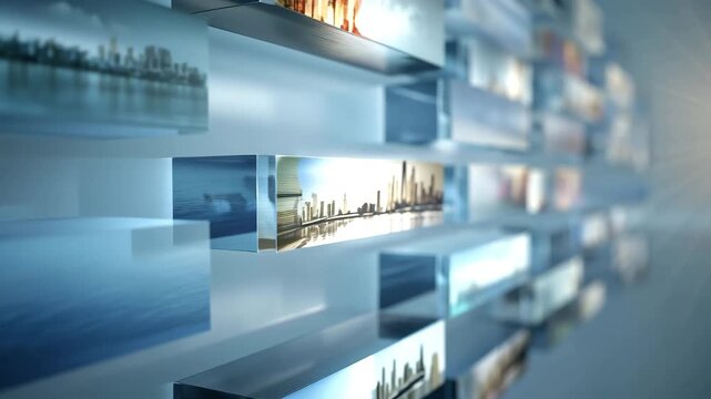 Floating glass corporate timeline bars with soft light and blurred cityscape reflections create futuristic dynamic calm business atmosphere