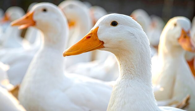 A close-up shot of several white ducks with orange beaks, sunlit