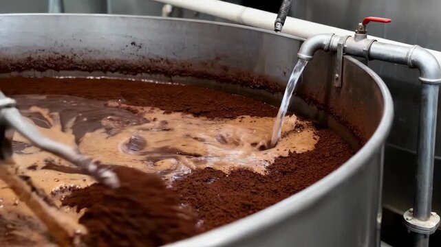 Closeup medium shot of medium alkalization process in industrial reactors showing cocoa liquor being treated with alkali for balanced flavor profile and medium color darkening.