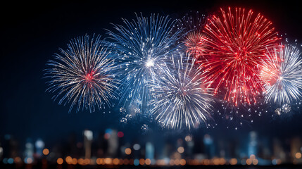 Vibrant fireworks explode in the night sky, illuminating the skyline with bursts of color, celebrating a festive occasion.