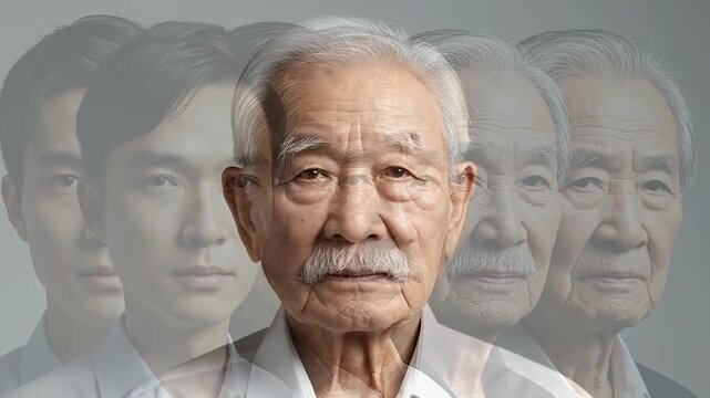 Asian man timelapse portrait showing powerful aging transition.