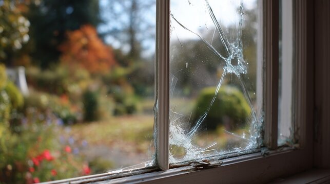 Cracked residential window pane with spider web fracture and wooden frame, symbolizing urgent window repair need and safety restoration.