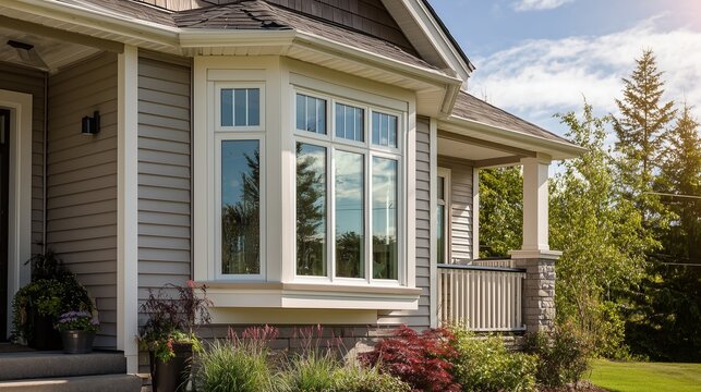 Exterior home renovation scene showing a bay window and siding repair, implying window replacement, trim work, and curb appeal upgrade.