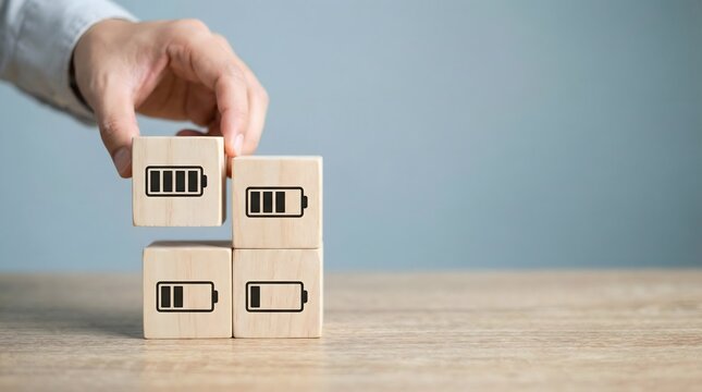 wooden blocks with battery icons and hand