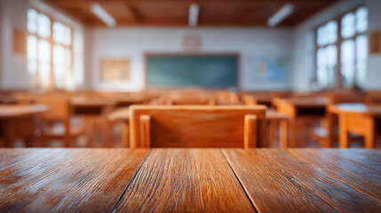 Wooden classroom interior showcasing empty desks and chairs, symbolizing a space for learning and creativity.
