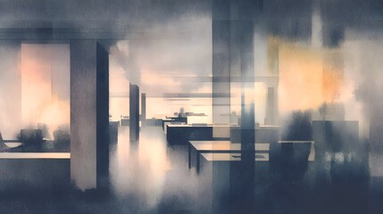 Serene modern office watercolor illustration evokes calm productivity at night ideal for commercial use