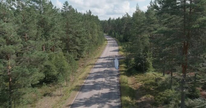 Aerial view of paved two-lane road cutting through a dense pine forest landscape in cloudy summer weather, Harparskog, Hanko, Finland.