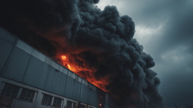 Exterior shot of a manufacturing facility wall consumed by flame and thick black smoke, showing fire, structural damage, and emergency hazard.