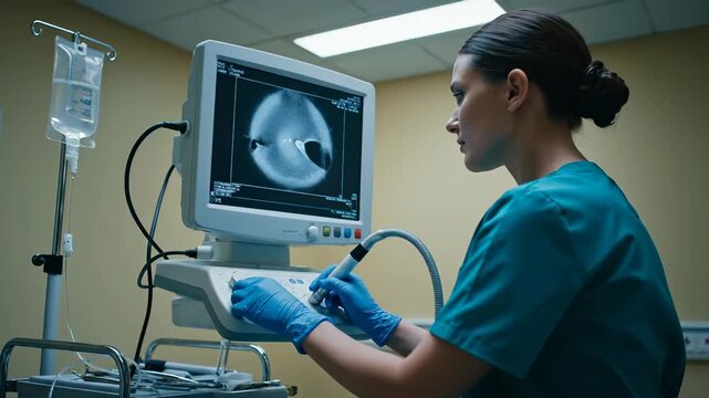Nurse operates endoscopy equipment with monitor in hospital room. Woman technician holds endoscope probe viewing organ on monitor. Medical endoscopy procedure in clinic with IV drip stand.