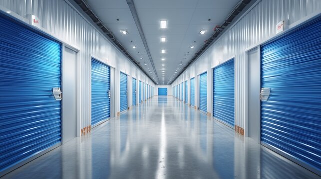 Indoor storage unit facility interior with long corridor, rows of blue roll-up door unit, polished floor, overhead lighting, conveys secure large-scale storage and self-storage rental service.