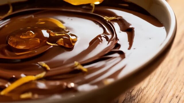 Closeup of melted chocolate swirling as citrus zest oils are gently stirred in highlighting the vibrant infusion of natural flavors in the smooth chocolate mass.