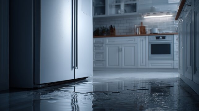Modern kitchen with stainless refrigerator leaking water onto floor, puddle reflecting cabinet and appliance, highlighting appliance failure and water damage risk.