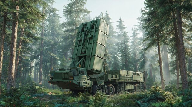 Mobile missile launch system with rocket canister mounted on military truck in forest representing air defense and tactical strike capability.