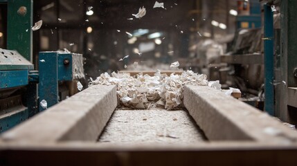 Conveyor carrying shredded pulp in a paper recycling mill, with falling fiber and machinery&acirc;&euro;&rdquo;depicting paper recycling and the paper making process.