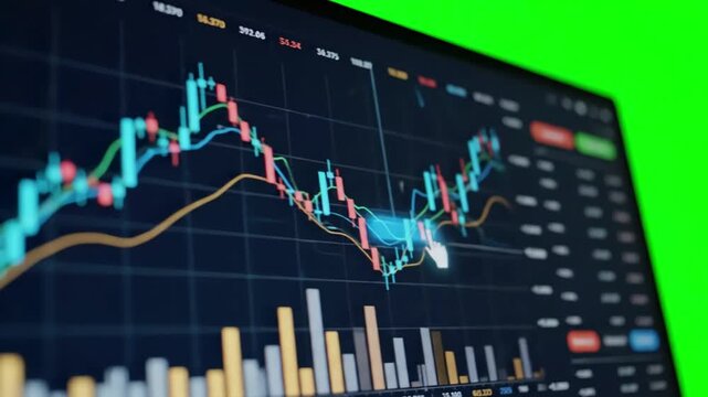Technology Interface with macro close up unrecognizable female looking at charts on computer screen distortion, green overlay, glitch, static noise, scan lines black background, 4k animated video loop