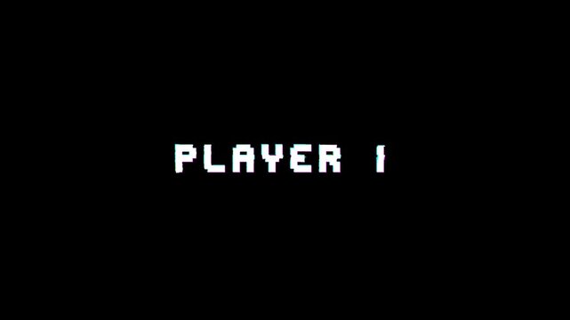 Retro Multiplayer Game Screen with 8 Bit Pixel &ldquo;Player 1&rdquo; Text and Glitch Effect on Black Background