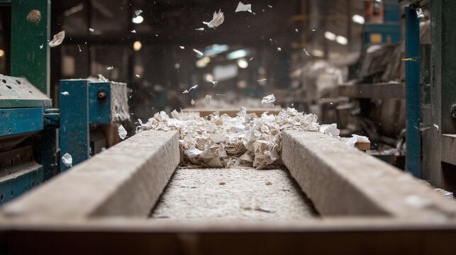 Conveyor carrying shredded pulp in a paper recycling mill, with falling fiber and machinery&acirc;&euro;&rdquo;depicting paper recycling and the paper making process.