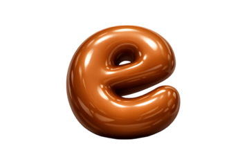 Glossy lowercase letter e rendered in shiny brown caramel sauce