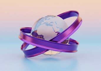 Vibrant purple rings encircle a stunning 3D Earth globe on a colorful gradient background