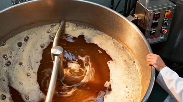 Closeup of flavored base mixing in an agitated tank with an expert controlling fat content to maintain uniform texture and taste in the standardization phase.