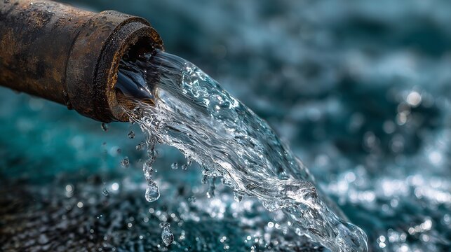Rusty water pipe discharging clear field water into a flowing body, showing pipe outlet and flowing stream, concept, water discharge and field drainage.